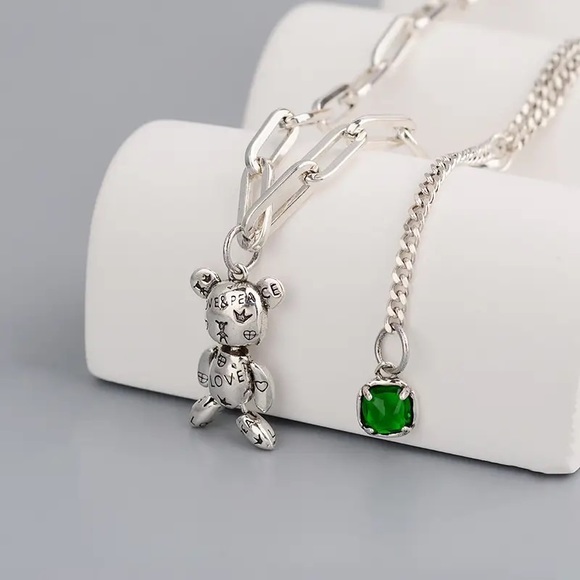 New - Anthropologie Patina Silver Cute Bear Love Peace Heart Necklace - Picture 3 of 15